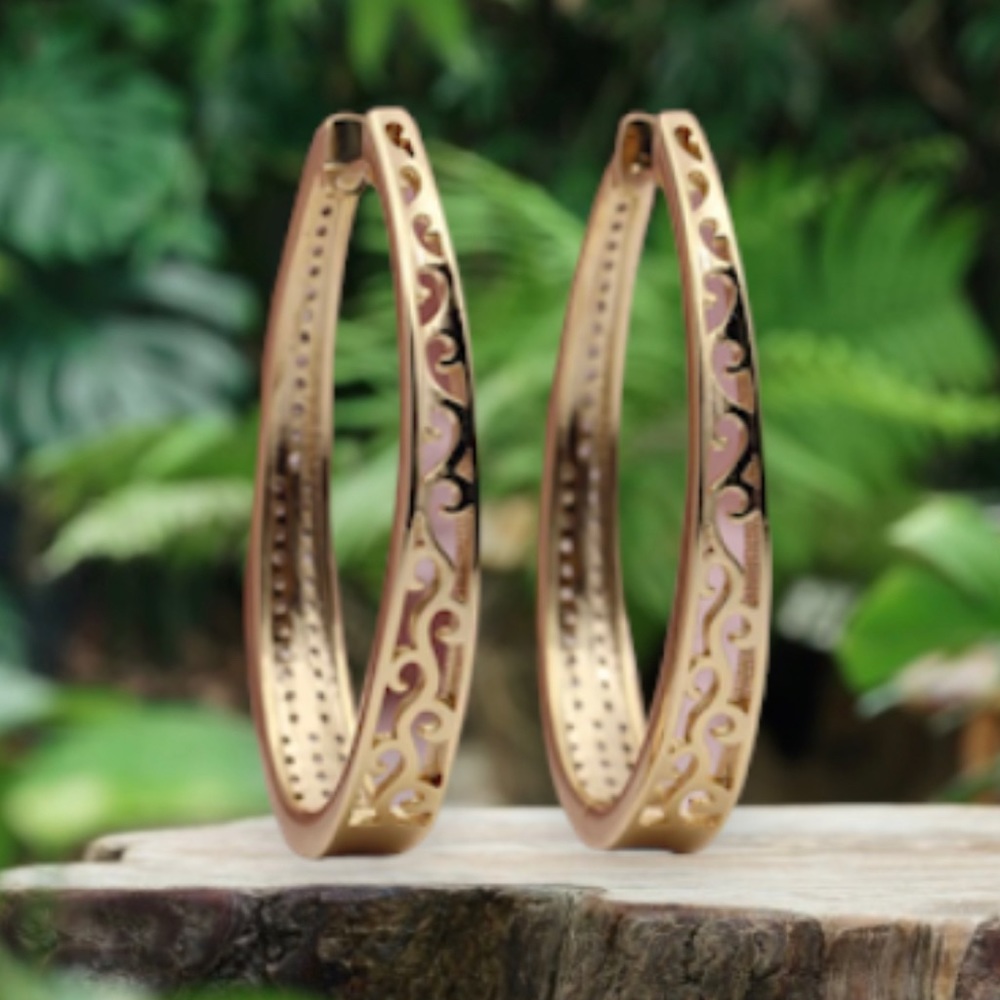 14K Gold Plated Natural White Zircon Two Sided Patterned Hoop Earrings - Picture 2 of 6